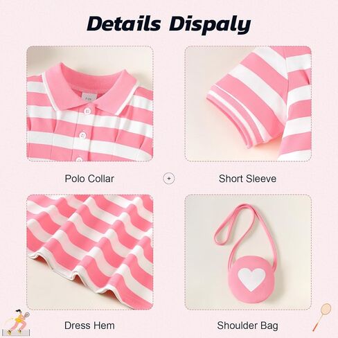 Renotemy طفل فتاة اللباس حجم 4t الفتيات ملابس الصيف وتتسابق الأطفال الصغار 5T فتاة الهدايا الوردي مخطط الرياضة جولف كم قصير زر فساتين بولو القطن العودة إلى المدرسة فستان حفلة موحدة مع حقيبة in Kuwait