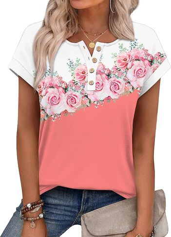 OFEEFAN Womens Tops Henley Shirts Short Sleeve Business Work Blouses Dressy Casual Summer Tops Spring Outfits in Saudi Arabia