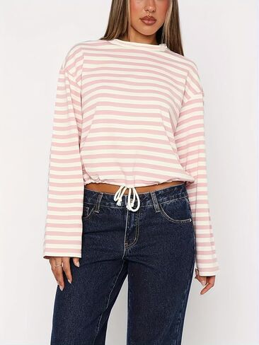 Women's Long Sleeve Crewneck Striped Shirts Spring Ribbed Knit Sweater Slim Fitted Casual Basic Tee Tops in Saudi Arabia