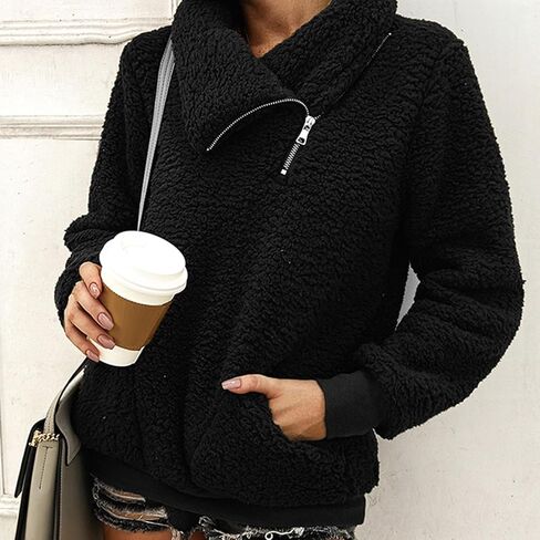 Women's Sherpa Pullover Sweatshirt Fleece Zip Sweatshirt Fuzzy Jacket Coat Winter Warm Clothing Outerwear in Saudi Arabia