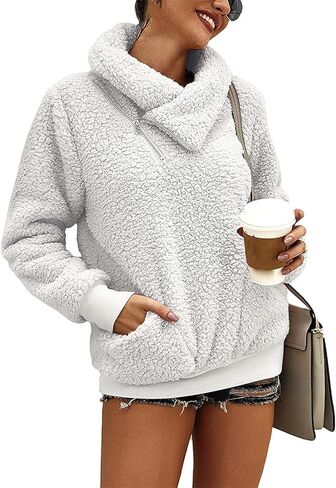 Women's Sherpa Pullover Sweatshirt Fleece Zip Sweatshirt Fuzzy Jacket Coat Winter Warm Clothing Outerwear in Saudi Arabia