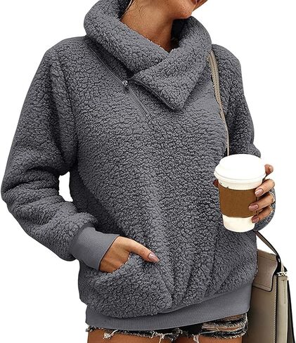 Women's Sherpa Pullover Sweatshirt Fleece Zip Sweatshirt Fuzzy Jacket Coat Winter Warm Clothing Outerwear in Saudi Arabia