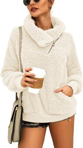 Women's Sherpa Pullover Sweatshirt Fleece Zip Sweatshirt Fuzzy Jacket Coat Winter Warm Clothing Outerwear in Saudi Arabia