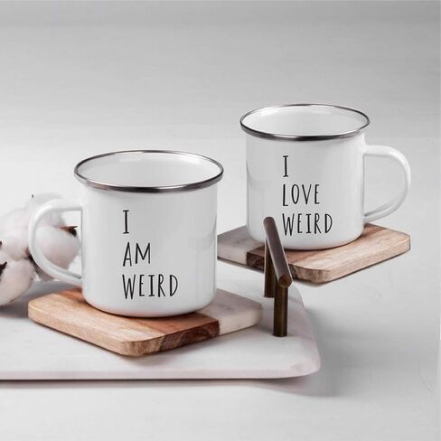 Andaz Press Stainless Steel Campfire Coffee Mugs Gift Set, I Am Weird, I Love Weird, 2-Pack, Girlfriend Boyfriend Cute Couple Gifts, Metal Enamel Campfire Camp Cup, Includes Gift Box in Saudi Arabia