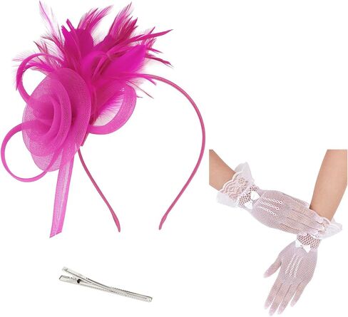 Womens Fascinators Hats and Lace Fishnet Gloves Short Tea Party Hats Feather Headband for Wedding Cocktail in Saudi Arabia