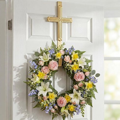 Frienda 15.7" Wreath Hanger for Front Door Cross Wreaths Hangers Metal Gold Over The Door Hooks Easter Christian Religious Wall Decor for Wall Home Garden Spring Porch in Saudi Arabia