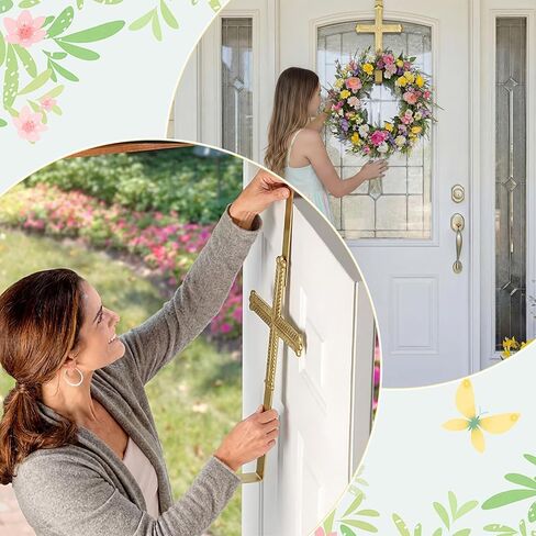 Frienda 15.7" Wreath Hanger for Front Door Cross Wreaths Hangers Metal Gold Over The Door Hooks Easter Christian Religious Wall Decor for Wall Home Garden Spring Porch in Saudi Arabia