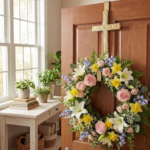 Frienda 15.7" Wreath Hanger for Front Door Cross Wreaths Hangers Metal Gold Over The Door Hooks Easter Christian Religious Wall Decor for Wall Home Garden Spring Porch in Saudi Arabia