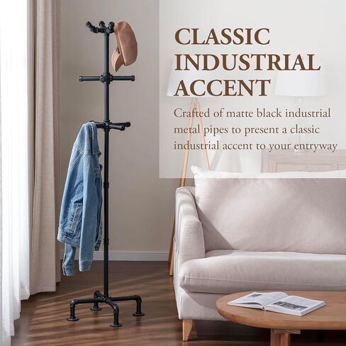 MyGift 64 Inch Industrial Black Metal Freestanding Coat Rack Stand with Realistic Pipe Design and 12 Hooks, Entryway Organizer for Hanging Coats, Hat, Handbags, Scarves in Kuwait