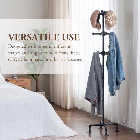 MyGift 64 Inch Industrial Black Metal Freestanding Coat Rack Stand with Realistic Pipe Design and 12 Hooks, Entryway Organizer for Hanging Coats, Hat, Handbags, Scarves in Kuwait