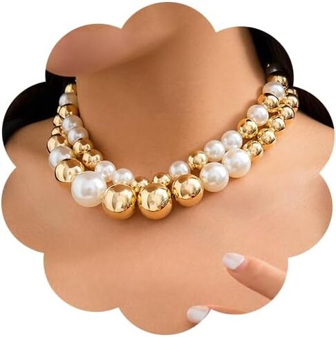 Gold Chunky Beaded Necklace for Women Vintage Layered large Gold Silver Bead Imitation Pearl Beaded Necklace Charm Dainty Party Bar Jewelry in Saudi Arabia