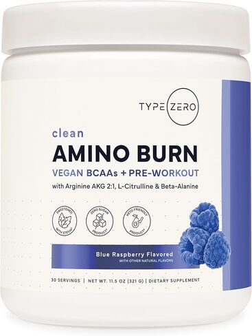 Type Zero Amino Burn - Vegan BCAA + Clean Pre Workout Powder with Arginine AKG, L-Citrulline & Beta Alanine - Amino Acid Clean Energy, Endurance & Hydration Supplement - Blue Raspberry, 30 Servings in Kuwait