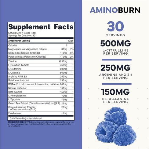 Type Zero Amino Burn - Vegan BCAA + Clean Pre Workout Powder with Arginine AKG, L-Citrulline & Beta Alanine - Amino Acid Clean Energy, Endurance & Hydration Supplement - Blue Raspberry, 30 Servings in Kuwait