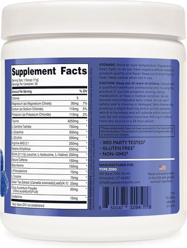 Type Zero Amino Burn - Vegan BCAA + Clean Pre Workout Powder with Arginine AKG, L-Citrulline & Beta Alanine - Amino Acid Clean Energy, Endurance & Hydration Supplement - Blue Raspberry, 30 Servings in Kuwait