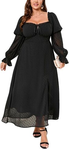 فستان نسائي رسمي بمقاسات كبيرة - تصميمان للرقبة، خصر ضيق، فتحة وأكمام طويلة شفافة in Kuwait