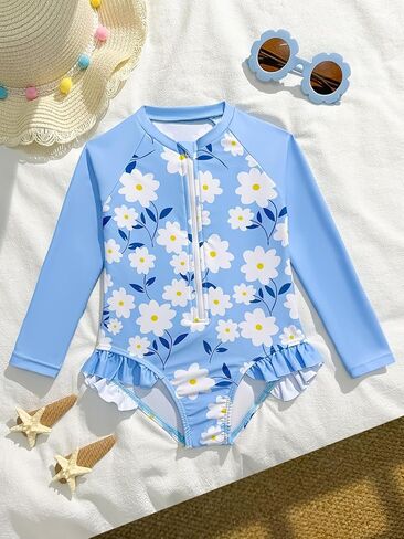 Toddler Girls One Piece Swimsuit 2-6 Years Long Sleeve Floral Ruffle Rash Guard Kids Beach Swimwear in Saudi Arabia