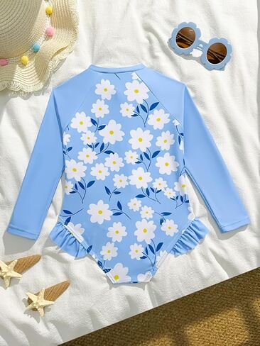 Toddler Girls One Piece Swimsuit 2-6 Years Long Sleeve Floral Ruffle Rash Guard Kids Beach Swimwear in Saudi Arabia