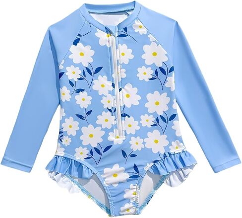 Toddler Girls One Piece Swimsuit 2-6 Years Long Sleeve Floral Ruffle Rash Guard Kids Beach Swimwear in Saudi Arabia
