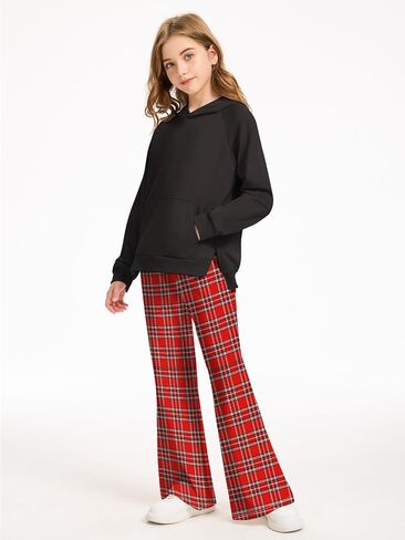 AMAWMW Girls Clothes Fashion Outfits 2 Piece Long Sleeve Hoodie Sweatshirt and Plaid Flare Pants Girls' Clothing Sets in Saudi Arabia