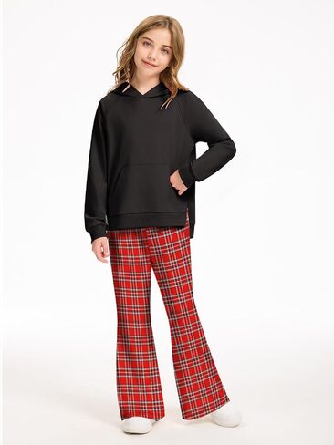 AMAWMW Girls Clothes Fashion Outfits 2 Piece Long Sleeve Hoodie Sweatshirt and Plaid Flare Pants Girls' Clothing Sets in Saudi Arabia