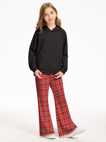 AMAWMW Girls Clothes Fashion Outfits 2 Piece Long Sleeve Hoodie Sweatshirt and Plaid Flare Pants Girls' Clothing Sets in Saudi Arabia