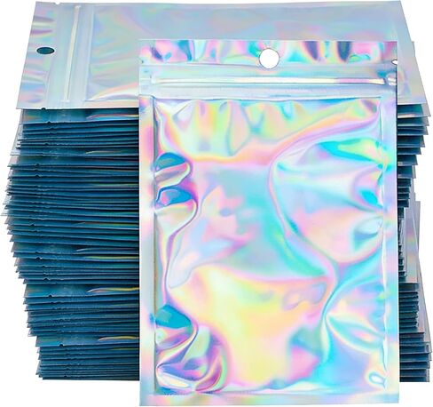 60 Pcs 3" x 4.7" Holographic Mylar Bags, Iridescent Rainbow Resealable Ziplock Pouches with Hang Hole for Small Business Jewelry in Saudi Arabia