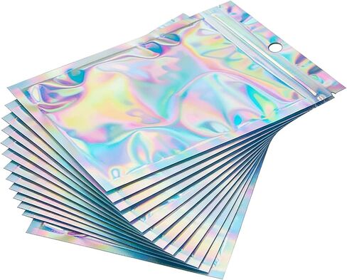 60 Pcs 3" x 4.7" Holographic Mylar Bags, Iridescent Rainbow Resealable Ziplock Pouches with Hang Hole for Small Business Jewelry in Saudi Arabia