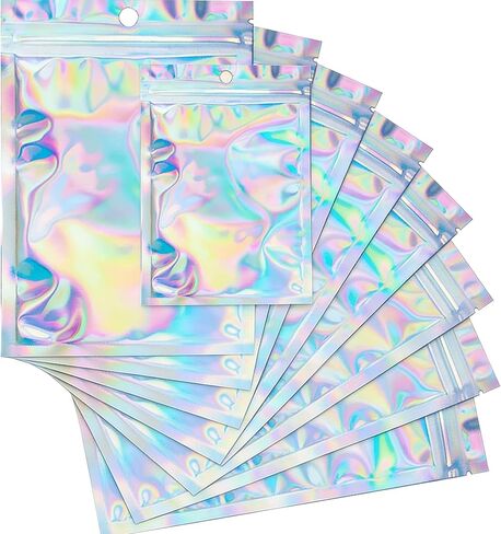 60 Pcs 3" x 4.7" Holographic Mylar Bags, Iridescent Rainbow Resealable Ziplock Pouches with Hang Hole for Small Business Jewelry in Saudi Arabia