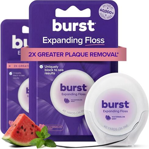 BURST Expanding Dental Floss (Watermelon Mint/40 Yards) | Stain Absorbing & Woven Tooth Floss with Xylitol Coating to Fight Cavities | نباتي | Paraben Free Expanding Floss in Kuwait