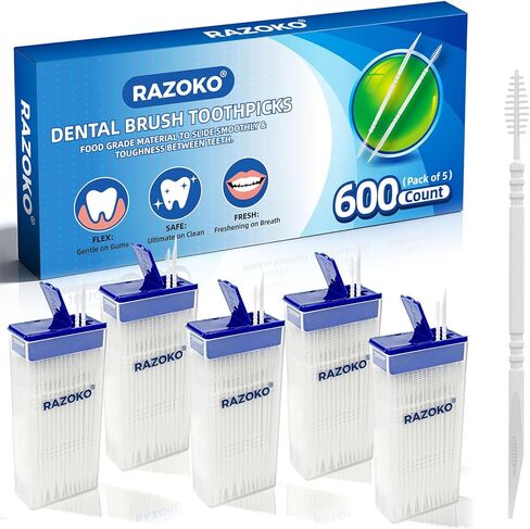 أعواد أسنان RAZOKO بين الأسنان، إجمالي 600 عدد (5 عبوات) معول فموي للاستعمال مرة واحدة، منظف بلاستيكي بين الأسنان من الدرجة الغذائية مع حقيبة محمولة للسفر والمنزل in Kuwait