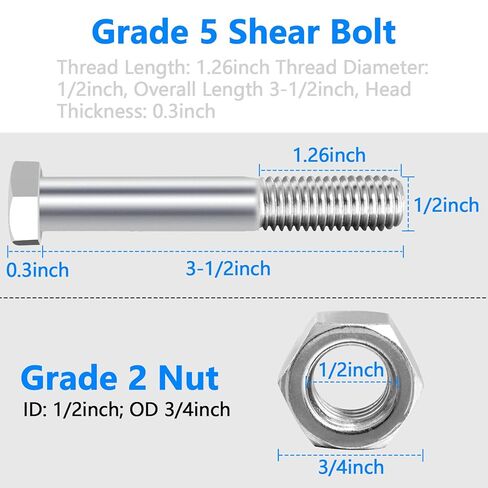 5 Sets Replacement Grade 5 Shear Bolt with Nut for Rotary Cutters – 1/2-inch x 3-1/2-inch Hex Head Bolts & 1/2-inch Hexagonal Grade 2 Nut in Kuwait