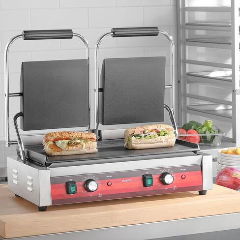 مكبس بانيني مزدوج تجاري من EGGKITPO مع لوحتين مسطحتين شواية بانيني كهربائية مع التحكم في درجة الحرارة ومقبض 19.5 بوصة × 9.4 بوصة صانع شطائر كبير من الحديد الزهر لأعمال المطبخ 110 فولت 3400 وات in Kuwait
