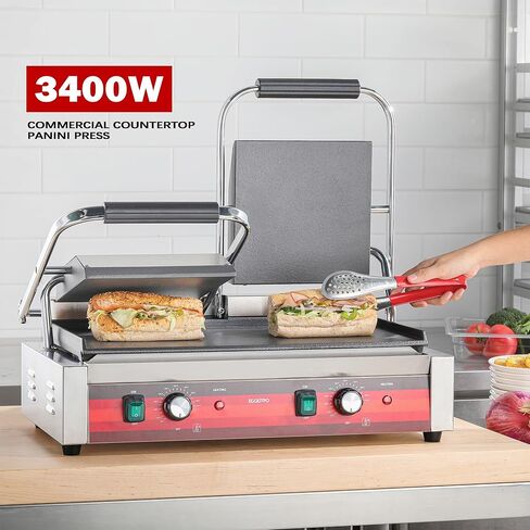 مكبس بانيني مزدوج تجاري من EGGKITPO مع لوحتين مسطحتين شواية بانيني كهربائية مع التحكم في درجة الحرارة ومقبض 19.5 بوصة × 9.4 بوصة صانع شطائر كبير من الحديد الزهر لأعمال المطبخ 110 فولت 3400 وات in Kuwait
