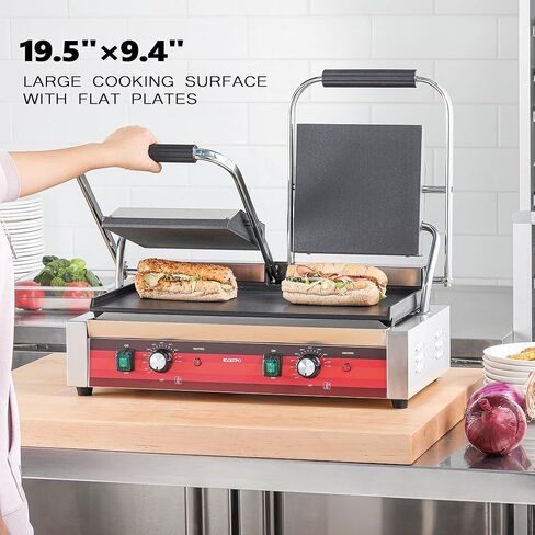 مكبس بانيني مزدوج تجاري من EGGKITPO مع لوحتين مسطحتين شواية بانيني كهربائية مع التحكم في درجة الحرارة ومقبض 19.5 بوصة × 9.4 بوصة صانع شطائر كبير من الحديد الزهر لأعمال المطبخ 110 فولت 3400 وات in Kuwait