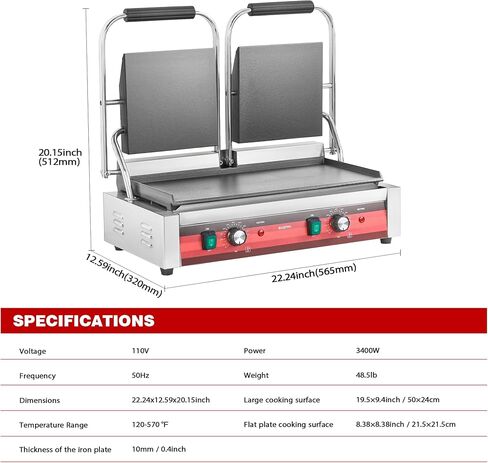 مكبس بانيني مزدوج تجاري من EGGKITPO مع لوحتين مسطحتين شواية بانيني كهربائية مع التحكم في درجة الحرارة ومقبض 19.5 بوصة × 9.4 بوصة صانع شطائر كبير من الحديد الزهر لأعمال المطبخ 110 فولت 3400 وات in Kuwait
