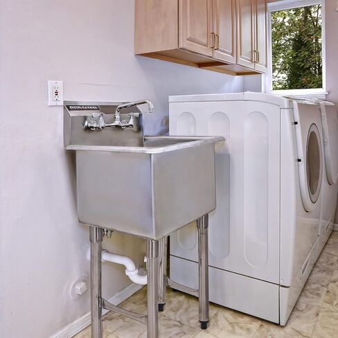 حوض DuraSteel 304 التجاري من الفولاذ المقاوم للصدأ - حوض 15 بوصة حوض مطبخ قائم بذاته مع صنبور - محطة غسيل يدوية NSF لأحواض المطبخ، في الهواء الطلق، غرفة الغسيل، مطبخ صغير المرآب in Kuwait