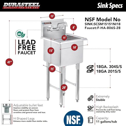 حوض DuraSteel 304 التجاري من الفولاذ المقاوم للصدأ - حوض 15 بوصة حوض مطبخ قائم بذاته مع صنبور - محطة غسيل يدوية NSF لأحواض المطبخ، في الهواء الطلق، غرفة الغسيل، مطبخ صغير المرآب in Kuwait