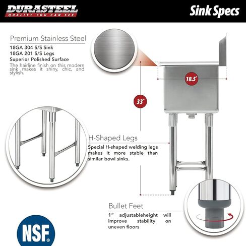 حوض DuraSteel 304 التجاري من الفولاذ المقاوم للصدأ - حوض 15 بوصة حوض مطبخ قائم بذاته مع صنبور - محطة غسيل يدوية NSF لأحواض المطبخ، في الهواء الطلق، غرفة الغسيل، مطبخ صغير المرآب in Kuwait