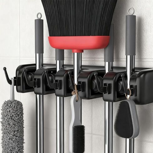 1 PCS Rectangular Heavy-Duty Wall-Mounted Broom/Broom Rack for Home, Garage, Garden, Laundry, or Kitchen 4 Shelves, 5 Hooks in Saudi Arabia