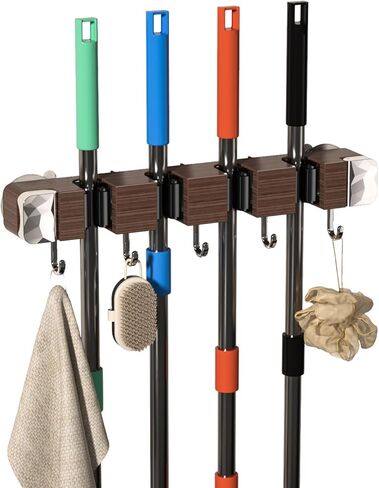 Suction Cup No Drilling Broom Holder Wall Mount, Walnut Color Mop Organizer Wall Hanging, 4 Racks 5 Hooks Tool Organizer Hanger Self Adhesive for Home, Garage, Garden, Laundry, Kitchen in Saudi Arabia