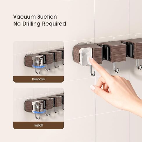 Suction Cup No Drilling Broom Holder Wall Mount, Walnut Color Mop Organizer Wall Hanging, 4 Racks 5 Hooks Tool Organizer Hanger Self Adhesive for Home, Garage, Garden, Laundry, Kitchen in Saudi Arabia