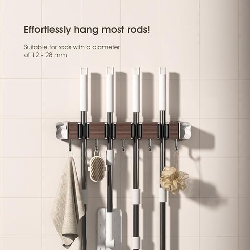 Suction Cup No Drilling Broom Holder Wall Mount, Walnut Color Mop Organizer Wall Hanging, 4 Racks 5 Hooks Tool Organizer Hanger Self Adhesive for Home, Garage, Garden, Laundry, Kitchen in Saudi Arabia