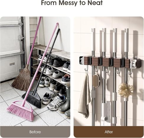 Suction Cup No Drilling Broom Holder Wall Mount, Walnut Color Mop Organizer Wall Hanging, 4 Racks 5 Hooks Tool Organizer Hanger Self Adhesive for Home, Garage, Garden, Laundry, Kitchen in Saudi Arabia