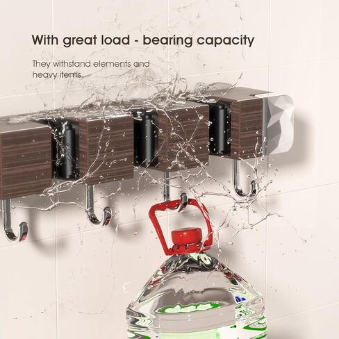 Suction Cup No Drilling Broom Holder Wall Mount, Walnut Color Mop Organizer Wall Hanging, 4 Racks 5 Hooks Tool Organizer Hanger Self Adhesive for Home, Garage, Garden, Laundry, Kitchen in Saudi Arabia