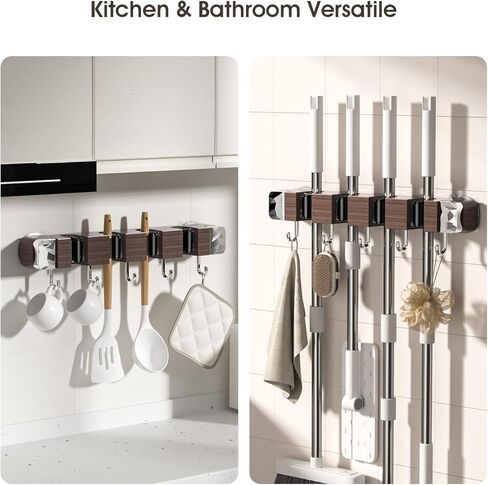 Suction Cup No Drilling Broom Holder Wall Mount, Walnut Color Mop Organizer Wall Hanging, 4 Racks 5 Hooks Tool Organizer Hanger Self Adhesive for Home, Garage, Garden, Laundry, Kitchen in Saudi Arabia