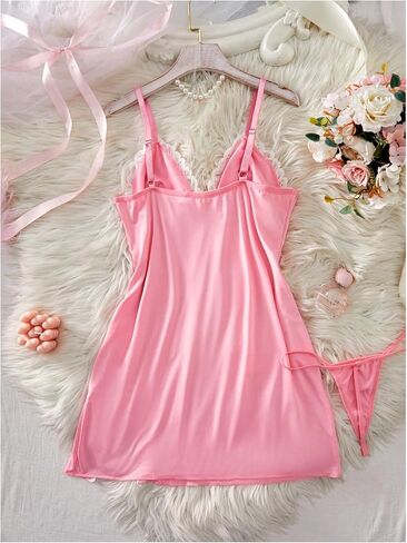 Women's Floral Lace Slit Lingerie Dress Bow Babydoll Chemise with String Thong Sleepwear Sets in Saudi Arabia