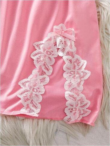 Women's Floral Lace Slit Lingerie Dress Bow Babydoll Chemise with String Thong Sleepwear Sets in Saudi Arabia
