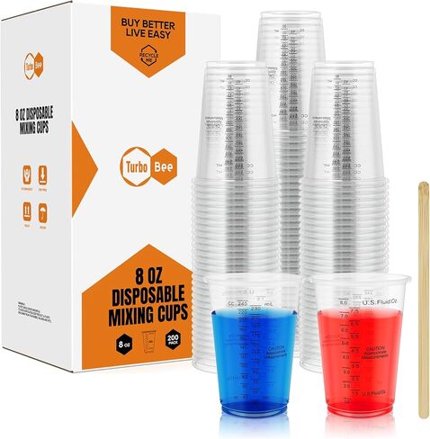 أكواب قياس بلاستيكية من توربو بي، 8 أونصة، 100 كوب خلط للاستعمال مرة واحدة مع 100 عصا خلط، أكواب قياس متدرجة للطلاء لراتنجات الإيبوكسي، خلط الطلاء، فن DIY in Kuwait