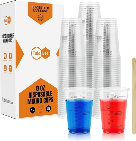 Turbo Bee Plastic Measuring Cups 8OZ,100 PACK Disposable Mixing Cups with 100 Mixing Sticks,Paint Graduated Measuring Tumblers for Epoxy Resin, Paint Mixing, Art DIY in Saudi Arabia
