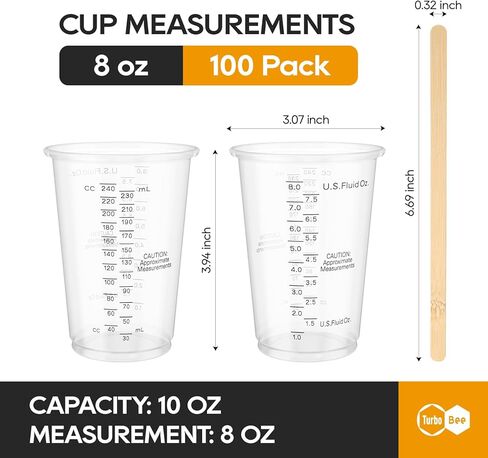 Turbo Bee Plastic Measuring Cups 8OZ,100 PACK Disposable Mixing Cups with 100 Mixing Sticks,Paint Graduated Measuring Tumblers for Epoxy Resin, Paint Mixing, Art DIY in Saudi Arabia